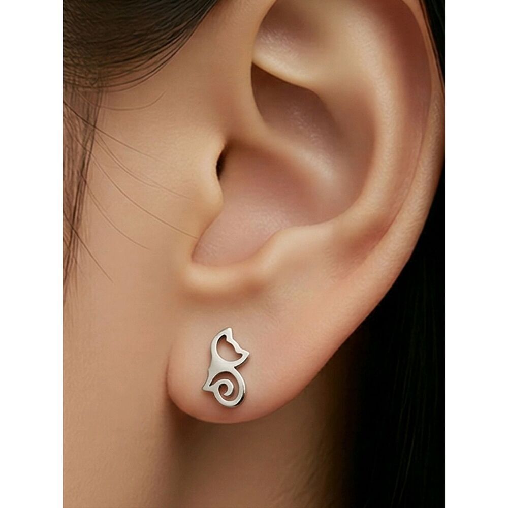 Cat Outline Stud Earrings Dainty Stainless Steel Minimalist Pet Lover Silver